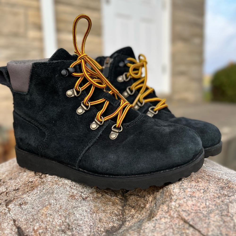 UGG Kids Black Boots with Yellow Laces